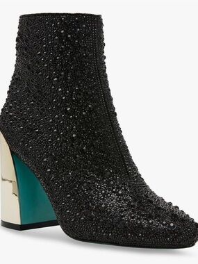 Betsey Johnson Black Crystal Embellished Ankle Boot with Metallic Teal Heel
